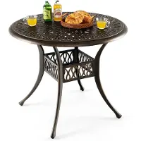 Costway Gartentisch mit Schirmloch, runder Balkontisch aus Aluminiumguss, wetterfester Terrassentisch für Garten, antike Optik, 90 x 90 x 74 cm
