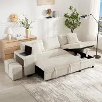 OKWISH L-förmiges umbaubares Ecksofa mit USB-Ladeanschluss und Kissen,Klappsofa mit Schlaffunktion, 3-Sitzer-Umbausofa mit Seitenablagen und Stauraum,ohne Matratze,Beige
