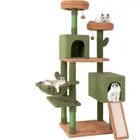 Costway Kratzbaum Kaktus 160cm hoch, Katzenbaum mit Plattformen, Spielzeug, Sisalpfosten, Leiter, Korb & 2 Katzenhöhlen, Katzenturm Holz, Grün, Braun