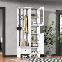 OKWISH Garderobenschrank Kompaktgarderobe mit 2 Schränken, Aufbewahrungsschrank Eingangsschrank aus gehärtetem Glas, Garderoben-Set mit Schuhbank & Polster,Weiß