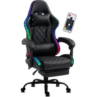Delman Gaming Stuhl Bürostuhl Ergonomisch RGB LED Beleuchtung Kunstleder Sessel mit Fußstütze Metallfußkreuz 02-0055BK