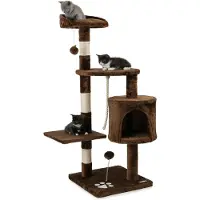 Lionto Kratzbaum für Katzen 112 cm hoch, mit Höhle, Sisalseil, Plüschbällen & Wandhalterung, kompakter Kletterbaum, braun