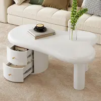OKWISH Moderner Couchtisch Asymmetrischer Kaffeetisch mit zwei diskrete Schubladen,Beistelltisch mit abgerundete Kanten,MDF-Oberfläche,Weiß