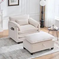 MODFU Moderner Relaxsessel mit Seitentaschen,Loungesofa,Großer Samt-Loungesessel mit Hocker und Kissen,Für Wohnzimmer und Schlafzimmer,Beige