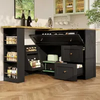 OKWISH Ausziehbarer Bartisch mit Stauraum,Küchenschrank mit Snackregal,Teleskopischer Küchenschrank,Kücheninsel schwarz