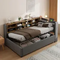 STILVORA 90×200 Schlafsofa mit Hydraulischem Stauraum,Tagesbett mit Nachtlicht, USB-&Typ-C-Ladeanschluss,Daybett mit Ablagen,Staufächern&Kopfteil,Samtstoff,Dunkelgrau