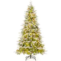 Costway 190 cm Künstlicher Weihnachtsbaum mit Beleuchtung und Schnee, Tannenbaum mit 280 warmweißen LED-Lichtern & 62 Tannenzapfen