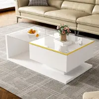 OKWISH Moderner Couchtisch Sofatisch mit Hochglanz und Glasdesktop Design,90cm Beistelltische mit 16 Farben LED-Beleuchtung,reichlich Platz,Weiß