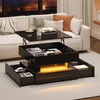 OKWISH Hochglanz-Couchtisch anhebbarer Beistelltisch mit LED-Lichtleiste,Kaffeetisch mit 2 Schubladen und verstecktem Stauraum,Schwarz