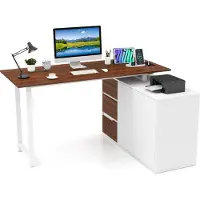 Costway L-förmiger Schreibtisch mit Ladestation, Aktenschrank, 3 Schubladen & 2 Türen, Eckschreibtisch umkehrbar, Computertisch Metall Holz Braun