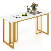 Costway Esszimmertisch Holz 160x60cm, rechteckiger Küchentisch mit Marmoroptik & Metallbeinen, Esstisch für 6-8 Personen, großer Tisch weiß golden