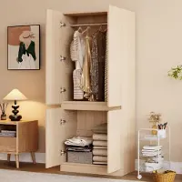 SUCCESS COURIER Kleiderschrank mit 2 Türen 70x170x40 cm Drehtürenschrank Modern Holz-Optik mit Kleiderstange & Großem Staufach Schlafzimmerschrank Natur-Weiß