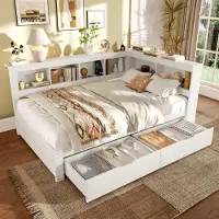 SOFTWEARY Holzbett mit Schubladen, Lattenrost und Regal, 140x200 cm, Doppelbett mit USB Anschlüssen und Steckdosen, Stauraumbett