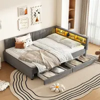 Sweiko Daybett, 140x200cm, Tagesbett, Schlafsofa, Ablagefach am Bett, USB+Typ C, Fernbedienung für LED-Umgebungslicht, Bett mit zwei Schubladen, Bett mit Lattenrost (ohne Matratze), Leinen, Grau