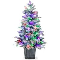 Costway 100cm Künstlicher Weihnachtsbaum mit Schnee & Sockel, beflockter Tannenbaum mit 80 mehrfarbigen LEDs & 148 Zweigspitzen, Christbaum