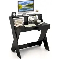 Costway Computertisch mit Schublade, Schreibtisch mit Monitorerhöhung, Arbeitstisch X-förmig, aus Holz, für kleine Räume Zuhause und im Büro, 90 x 61 x 94 cm (Schwarz)
