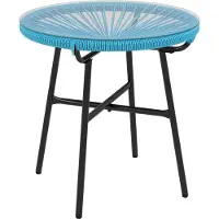 Outsunny Runder Gartentisch von aus Kunstharz mit Metalloberfläche in Rattanoptik und Tischplatte aus gehärtetem Glas, Ø 50 x 50 cm (Höhe), Blau