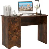 Costway Schreibtisch mit 2 Schubladen, Computertisch klein, Kinderschreibtisch, Bürotisch, PC-Tisch modern 109x50x75cm Rustikales Braun