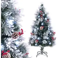 Costway Weihnachtsbaum künstlich 150cm mit Tannenzapfen & Beeren, Tannenbaum mit Schnee, kaltweißen LEDs, Glasfaser & Sternspitze, 8 Modi Grün Weiß