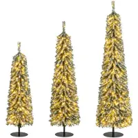 Costway 3er Set Bleistift Weihnachtsbaum Künstlich, 120+150+180cm, Tannenbaum mit Schnee & LED-Lichtern, Kunstbaum Christbaum Grün + Weiß