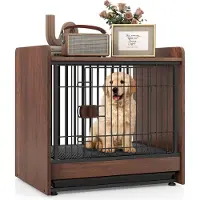 Costway Hundehütte Indoor 2 In 1 Hundekäfig Nachttisch Braun