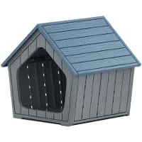 Costway 59,5x57x58 cm Hundehütte Outdoor, winterfestes Hundehaus aus Kunststoff, Hundehöhle mit Lüftlöchern & schrägem Dach, Haustierhütte, Blau+Grau