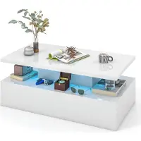 Costway LED-Couchtisch, moderner 2-stufiger hochglänzender weißer Couchtisch mit einstellbaren Lichtfarben, Geschwindigkeit & Helligkeit Weiß
