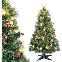 Costway 150cm Weihnachtsbaum künstlich mit Tannenzapfen, Petroleumlampen & roten Beeren, Tannenbaum mit LEDs, 8 Modi, Glasfaser & Sternspitze, Grün