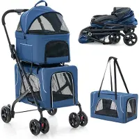 Costway 3 in 1 Hundewagen klappbar, Hundebuggy 2 Etagen mit Netzfenstern, Taschen & Polstern, bis 16 kg, Hundebox Transporttasche Blau