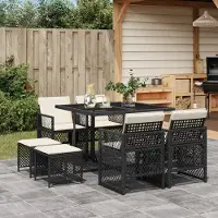 vidaXL "Rabatt" 9-tlg. Garten-Essgruppe - mit tishe & Stuhl - mit Kissen Schwarz Poly Rattan - Lounge-Dining set CC9320