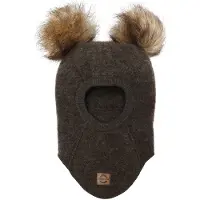 Mikk-Line Schlupfmütze Merinowolle mit Bommeln, Dark Brown Melange, 74-80