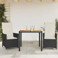 vidaXL "Rabatt" 3-tlg. Bistro-Set - mit tishe & Stuhl - mit Kissen Schwarz Poly Rattan und Akazie - Lounge-Dining set CC10754