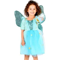 Den Goda Fen Kostüm - Feenkleid m. Flügel/Zauberstab - Türkis - - 6-8 Jahre (116-128) - Kostüme