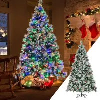 Costway 210cm Künstlicher Weihnachtsbaum LED, beleuchteter Tannenbaum mit Kiefernzapfen & roten Beeren & Metallständer, 11 Lichtmodi, Christbaum PVC Kunstbaum Weihnachten, grün