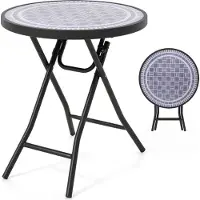 Costway Beistelltisch klappbar, Gartentisch Klapptisch wetterfest, Balkontisch rund mit Tischplatte aus gehärtetem Glas 46x46x48cm Grau
