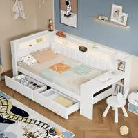 STILVORA 90x200 Schlafsofa mit USB-Anschlüssen und LED-Gürtel,Daybett mit Schreibtisch und 2 Schubladen,Gepolstertes Tagesbett ohne Matratze,weiß
