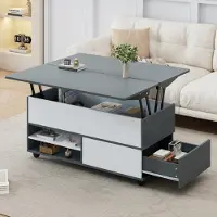 STILVORA Couchtisch Höhenverstellbar,Multifunktionaler Sofatisch mit Ablage&Stauraum,Kaffeetisch mit Rollen und Schubladen,grau-weiße Spleiße