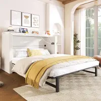 SUCCESS COURIER Schrankbett 140x200 cm mit Schublade & Ablagefach, mobiles Plattformbett mit USB- & Typ-C-Anschlüssen, umbaubares Leinenbett ohne Matratze, praktisches Bett für Schlafzimmer, Beige