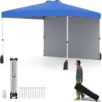 Costway 3x3m Pop-up-Pavillon, Gartenpavillon tragbar mit Seitenwand, Schattenspender, Tasche, 8 Heringen, 4 Ankern, 4 Windseilen & 4 Sandsäcken Blau