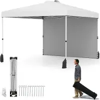 Costway 3x3m Pop-up-Pavillon, Gartenpavillon tragbar mit Seitenwand, Schattenspender, Tasche, 8 Heringen, 4 Ankern, 4 Windseilen & 4 Sandsäcken Weiß