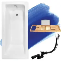 Besco BADLAND Eckbadewanne Rechteck Badewanne TALIA 160x75 mit Ablaufgarnitur und Füßen + Bambus Ablage | BADLAND TALIA