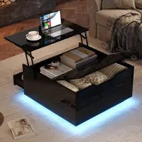 OKWISH 70×70×38cm Couchtisch Schwarz höhenverstellbar mit LED-Lichtleiste Wohnzimmertisch,Sofatisch mit hochklappbaren,Beistelltisch mit Schublade und Stauraumb