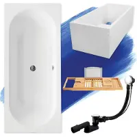 Besco Badewanne Rechteck Set 5in1 160x75 mit Premium Ablaufgarnitur und Füßen GRATIS + Wannenträger + Bambus Holzablage | BADLAND VITAE