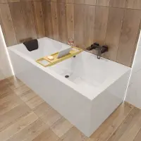 Besco BADLAND Badewanne Rechteck Acryl Weiß Modern Quadro 175x80 + Bambus Ablage + Badewannekissen KODI Schwarz + Ablaufgarniture & Füße | BADLAND QUADRO