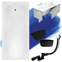 Besco Badewanne Rechteck Set 5in1 160x70 mit Premium Ablaufgarnitur und Füßen GRATIS + Verkleidung (Styropor) + Kopfstütze in Schwarz | BADLAND BONA