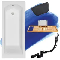 Badland Eckbadewanne Rechteck Badewanne SHEA 170x70 mit Ablaufgarnitur und Füßen + Badkissen Schwarz KODI + Bambus Ablage | SHEA