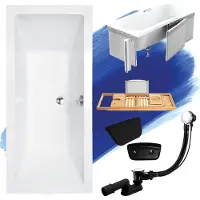 Besco Badewanne Rechteck Set 5in1 190x90 mit Ablaufgarnitur und Füßen GRATIS + Styropor + Bambus Holzablage + Kopfstütze in Schwarz | BADLAND QUADRO