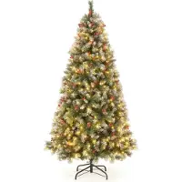 Northix 195 cm Künstlicher Weihnachtsbaum mit Beleuchtung & Schnee & Tannenzapfen & Roten Beeren