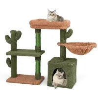 Costway 81cm Kratzbaum Kaktus, Katzenbaum mit Plattformen, Hängematte, Katzenhöhle, Sisalpfosten & waschbarem Kissen Spielbaum Holz Grün, Braun