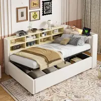 STILVORA 90×200 Schlafsofa mit Matratze&Hydraulischem Stauraum,Tagesbett mit Nachtlicht, USB-&Typ-C-Ladeanschluss,Daybett mit Ablagen,Staufächern&Kopfteil,Samtstoff,Beige